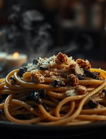 Vegetarian tagliarini pasta with Neros Sauce served in a dark elegant setting inspired by Nero Wolfes refined taste