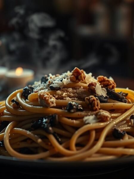 vegetariantagliariniwithnerossaucemainimage esoterristablecom Vegetarian tagliarini pasta with Neros Sauce served in a dark elegant setting inspired by Nero Wolfes refined taste