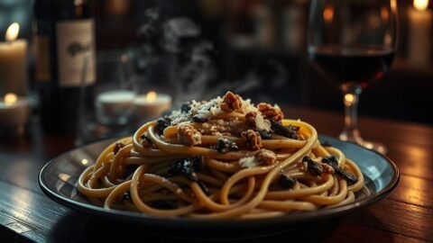 Vegetarian tagliarini pasta with Neros Sauce served in a dark elegant setting inspired by Nero Wolfes refined taste