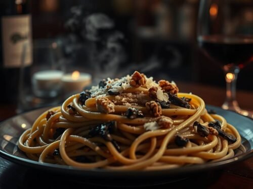 Vegetarian tagliarini pasta with Neros Sauce served in a dark elegant setting inspired by Nero Wolfes refined taste