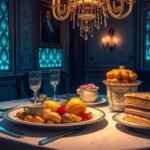 Vegetarian Yorkshire Feast featuring mushroom fricassee with herb dumplings golden popovers and rose Victoria sponge cake on an elegant table