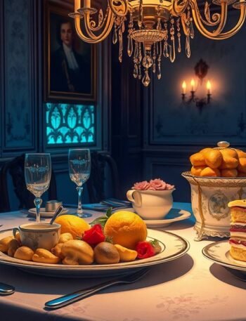 Vegetarian Yorkshire Feast featuring mushroom fricassee with herb dumplings golden popovers and rose Victoria sponge cake on an elegant table
