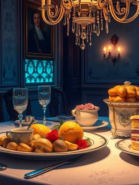 vegetarianyorkshirefeastmushroomfricasseepopoversrosesponge esoterristablecom Vegetarian Yorkshire Feast featuring mushroom fricassee with herb dumplings golden popovers and rose Victoria sponge cake on an elegant table