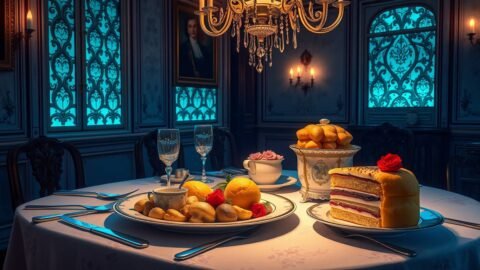 Vegetarian Yorkshire Feast featuring mushroom fricassee with herb dumplings golden popovers and rose Victoria sponge cake on an elegant table