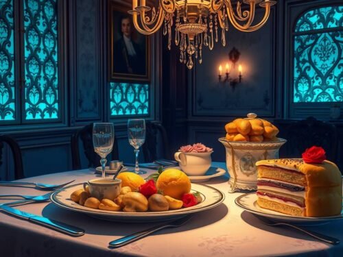 Vegetarian Yorkshire Feast featuring mushroom fricassee with herb dumplings golden popovers and rose Victoria sponge cake on an elegant table