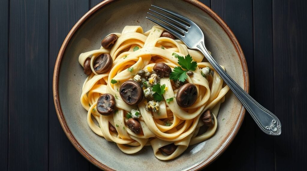 whitebetrayalpastamain esoterristablecom A plate of creamy vegan truffle Alfredo pappardelle with smoked mushrooms and capers