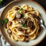 A plate of creamy vegan truffle Alfredo pappardelle with smoked mushrooms and capers