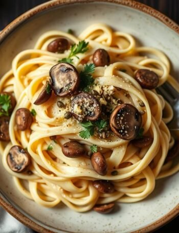 A plate of creamy vegan truffle Alfredo pappardelle with smoked mushrooms and capers