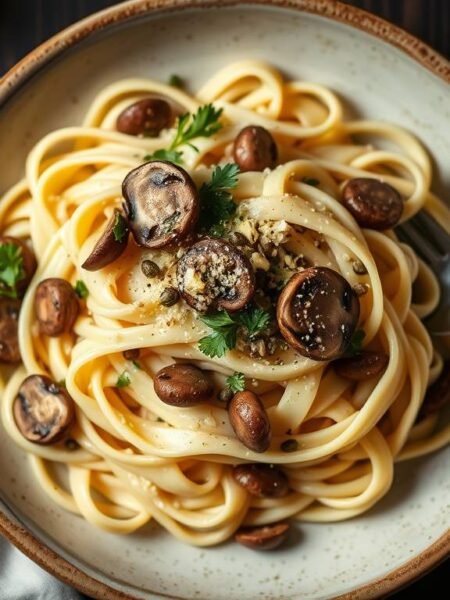 A plate of creamy vegan truffle Alfredo pappardelle with smoked mushrooms and capers