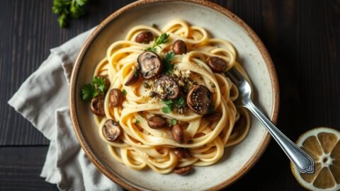 A plate of creamy vegan truffle Alfredo pappardelle with smoked mushrooms and capers
