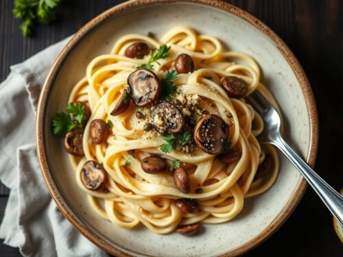 A plate of creamy vegan truffle Alfredo pappardelle with smoked mushrooms and capers