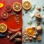 Four elements represented through food fire water earth and air in a mystical kitchen setting