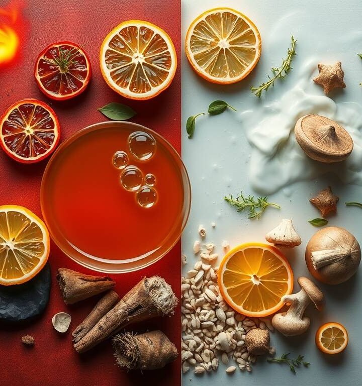 Four elements represented through food fire water earth and air in a mystical kitchen setting