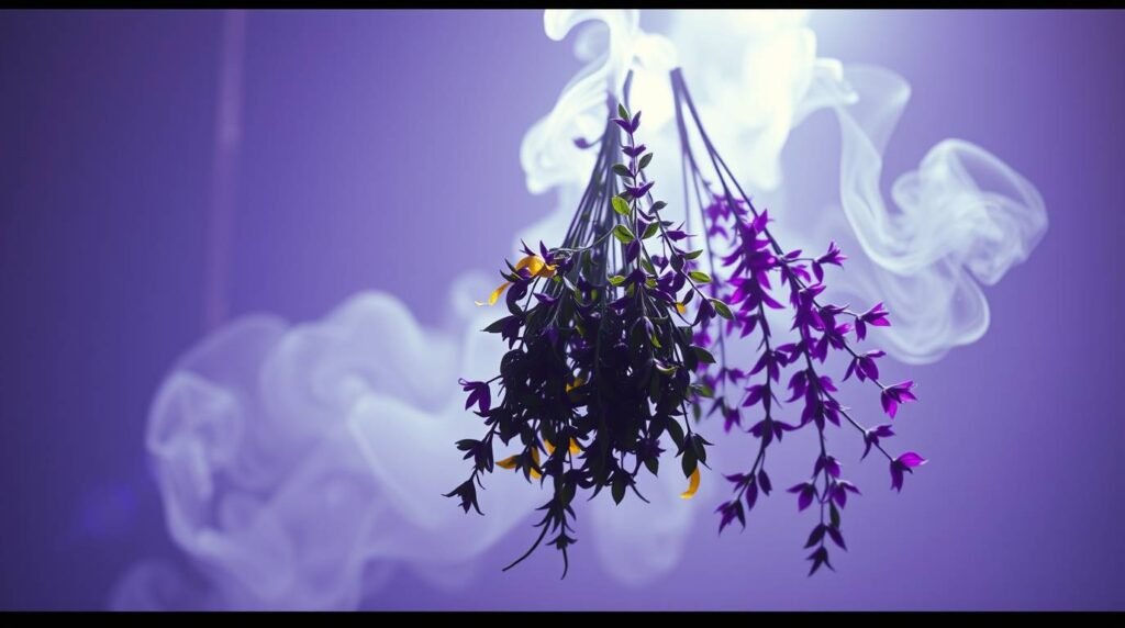 Air element represented with floating herbs citrus zest and rising steam