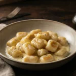 Classic Italian lemon gnocchi in chiaroscuro lighting with a silky sauce