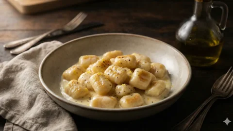 Classic Italian lemon gnocchi in chiaroscuro lighting with a silky sauce