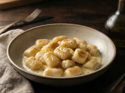 Classic Italian lemon gnocchi in chiaroscuro lighting with a silky sauce