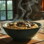 Vegan mushroom barley risotto with herb oil and crisped mushrooms