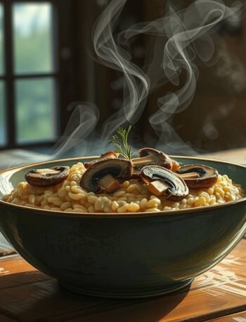 Vegan mushroom barley risotto with herb oil and crisped mushrooms