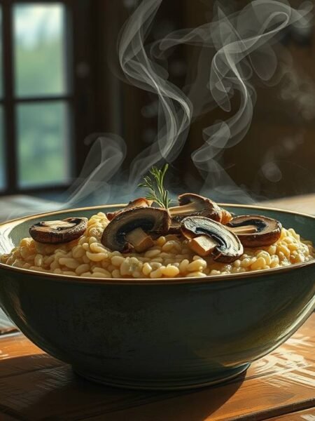 Vegan mushroom barley risotto with herb oil and crisped mushrooms