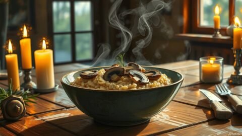 Vegan mushroom barley risotto with herb oil and crisped mushrooms