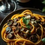 Godfather inspired Italian pasta with sautéed mushrooms and red wine sauce on rustic table