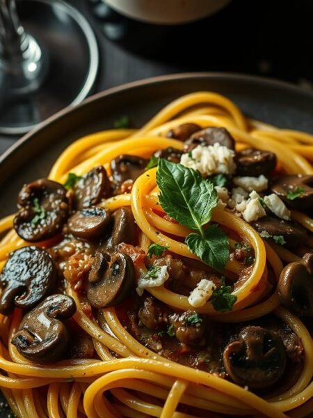 Godfather-inspired Italian pasta with sautéed mushrooms and red wine sauce on rustic table