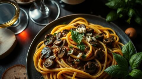 Godfather inspired Italian pasta with sautéed mushrooms and red wine sauce on rustic table