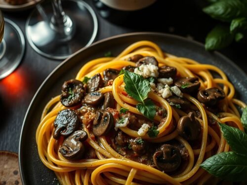Godfather inspired Italian pasta with sautéed mushrooms and red wine sauce on rustic table