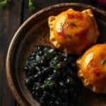 Golden mushroom piroshki served with a swirl of smoky eggplant caviar and fresh dill on a rustic ceramic plate