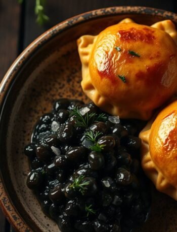 Golden mushroom piroshki served with a swirl of smoky eggplant caviar and fresh dill on a rustic ceramic plate