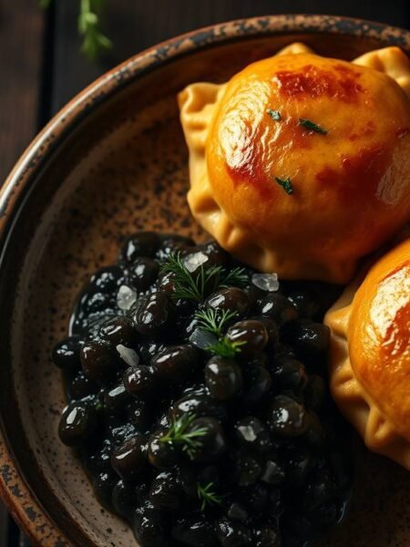Golden mushroom piroshki served with a swirl of smoky eggplant caviar and fresh dill on a rustic ceramic plate