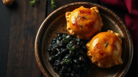 Golden mushroom piroshki served with a swirl of smoky eggplant caviar and fresh dill on a rustic ceramic plate