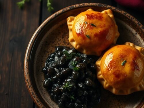 Golden mushroom piroshki served with a swirl of smoky eggplant caviar and fresh dill on a rustic ceramic plate