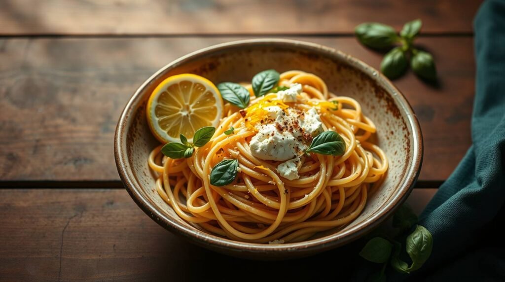 A bowl of creamy Sicilian lemon ricotta pasta with basil and lemon zest