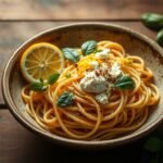 A bowl of creamy Sicilian lemon ricotta pasta with basil and lemon zest