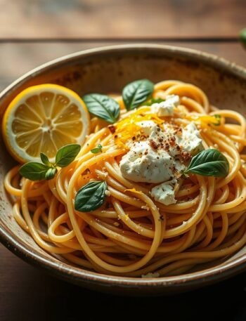 A bowl of creamy Sicilian lemon ricotta pasta with basil and lemon zest