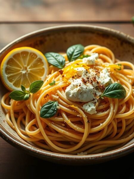 A bowl of creamy Sicilian lemon ricotta pasta with basil and lemon zest