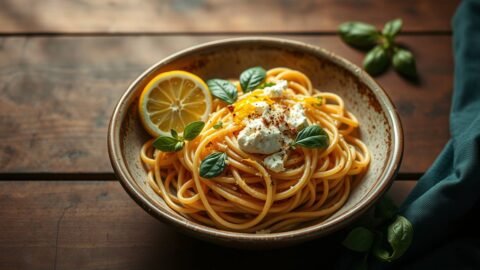 A bowl of creamy Sicilian lemon ricotta pasta with basil and lemon zest