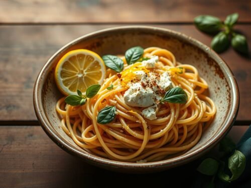 A bowl of creamy Sicilian lemon ricotta pasta with basil and lemon zest