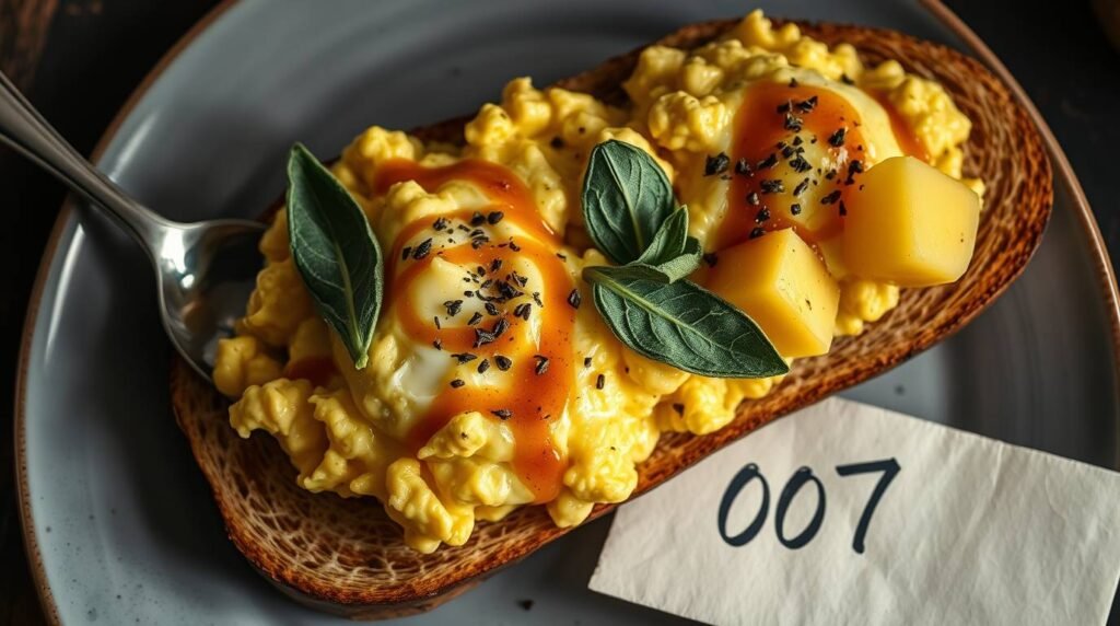 Bond inspired scrambled eggs with espresso butter on brioche with pineapple and sage
