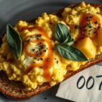 Bond inspired scrambled eggs with espresso butter on brioche with pineapple and sage