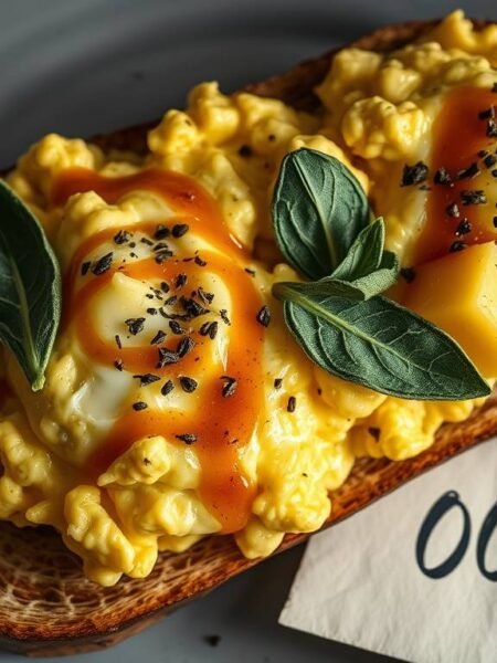 Bond inspired scrambled eggs with espresso butter on brioche with pineapple and sage