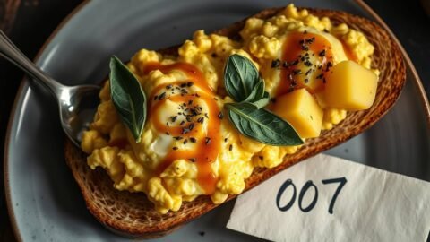 Bond inspired scrambled eggs with espresso butter on brioche with pineapple and sage