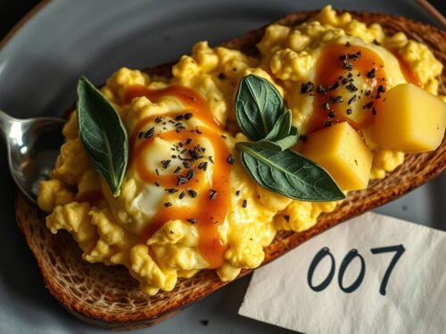 Bond inspired scrambled eggs with espresso butter on brioche with pineapple and sage