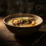 Text Silky rosemary potato cream topped with crispy olive crumbs in dramatic chiaroscuro lighting