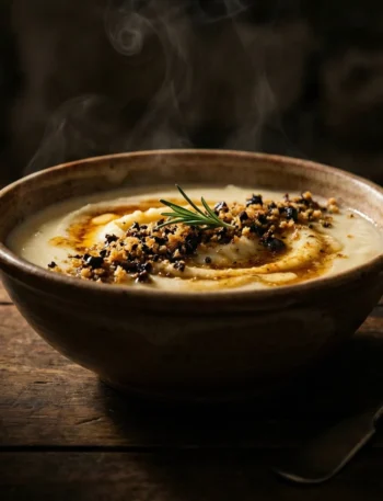 Text Silky rosemary potato cream topped with crispy olive crumbs in dramatic chiaroscuro lighting