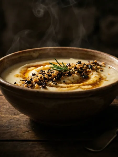 Text: Silky rosemary potato cream topped with crispy olive crumbs in dramatic chiaroscuro lighting.
