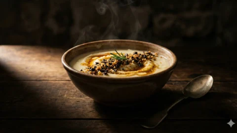 Text Silky rosemary potato cream topped with crispy olive crumbs in dramatic chiaroscuro lighting