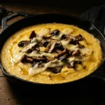 Chiaroscuro shot of creamy baked polenta with roasted mushrooms and melted Fontina